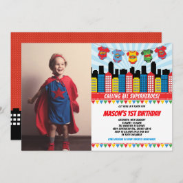 Superhero Boy 1st Birthday Cityscapeパーティー写真 招待状