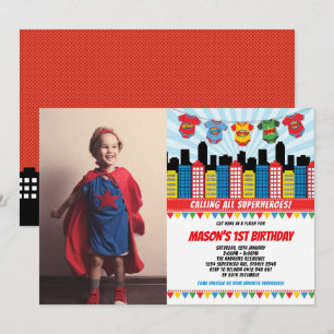 Superhero Boy 1st Birthday Cityscapeパーティー写真 招待状
