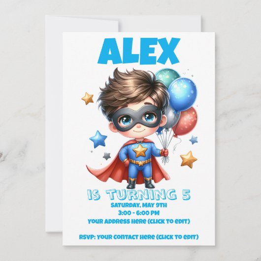 Superhero Boy Birthday Invitation | Editable  招待状 (正面)