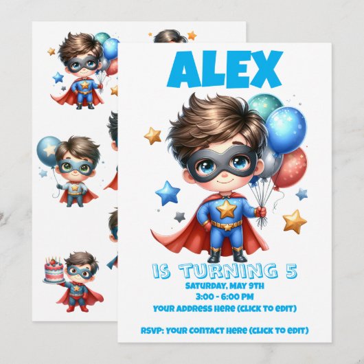 Superhero Boy Birthday Invitation | Editable  招待状 (正面/裏面)