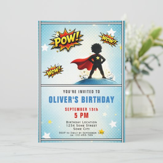 Superhero Boy Birthday Party 招待状 (スタンド正面)