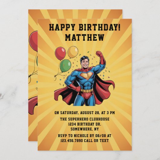 Superhero Boys Birthday Party 招待状 (正面/裏面)