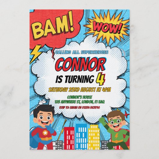 Superhero Boys Birthday Party Invitation 招待状 (正面)