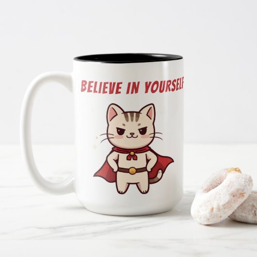 Superhero Cat Believe in Yourself ツートーンマグカップ (ドーナツ)