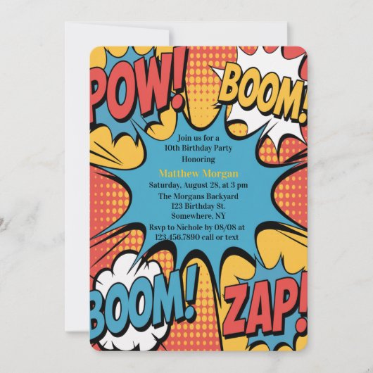 Superhero Comic Book Pop Art Boy Birthday Party 招待状 (正面)