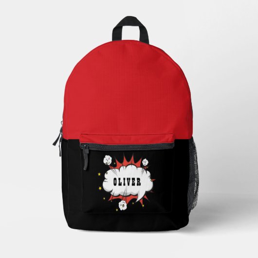 Superhero Comic Speech Cloud Boy Name プリントバックパック (正面)