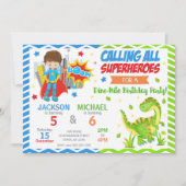 Superhero & Dinosaur Joint Birthday Invitation 招待状 (正面)