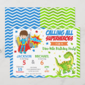 Superhero & Dinosaur Joint Birthday Invitation 招待状 (正面/裏面)