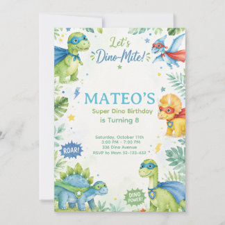 Superhero Dinosaur Watercolor Birthday Party Paste 招待状