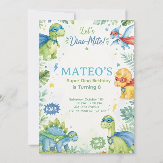 Superhero Dinosaur Watercolor Birthday Party Paste 招待状 (正面)