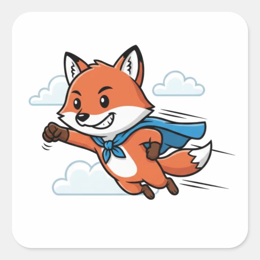 Superhero Fox Flying Cartoon Art Sticker スクエアシール (正面)