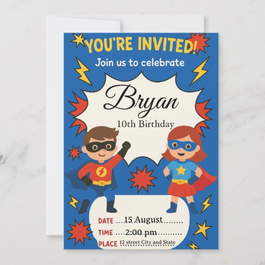 Superhero Kids Birthday Invitation | Comic Style B 招待状 (正面)