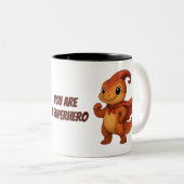 Superhero – Niedliche Dino‑Tasse mit Mutmach Tekst ツートーンマグカップ (正面右)