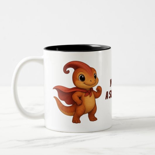 Superhero – Niedliche Dino‑Tasse mit Mutmach Tekst ツートーンマグカップ (左)