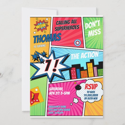 Superhero Party Comic Book Birthday Photo 招待状 (正面)
