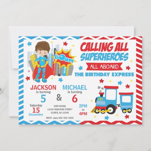 Superhero & Train Joint Birthday Invitation 招待状 (正面)
