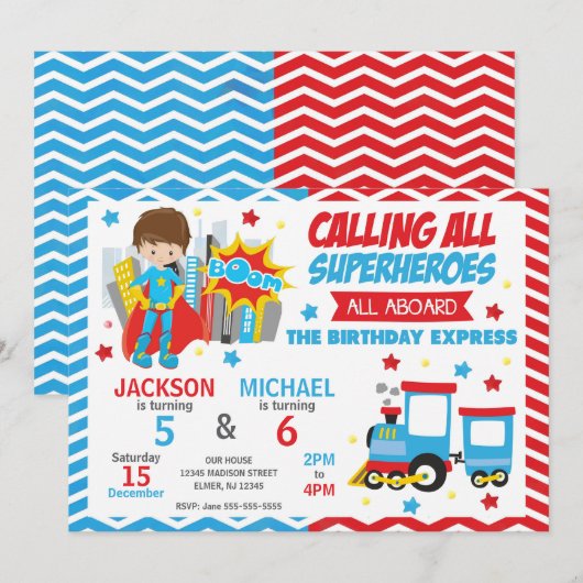 Superhero & Train Joint Birthday Invitation 招待状 (正面/裏面)