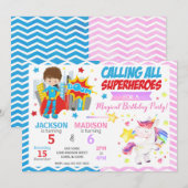 Superhero & Unicorn Joint Birthday Invitation 招待状 (正面/裏面)