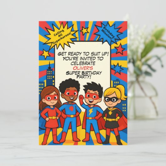 Superheroes Birthday Invitation – Custom 5x7 Card 招待状 (スタンド正面)