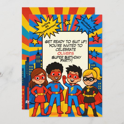 Superheroes Birthday Invitation – Custom 5x7 Card 招待状 (正面/裏面)