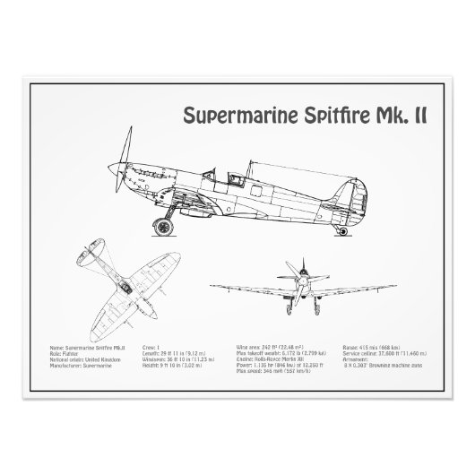 Supermarine Spitfire – 飛行機の設計図BD フォトプリント (正面)