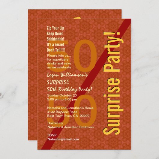 SUPPLISE 50th誕生日オレンジ金ゴールドギアB322 招待状 (正面/裏面)