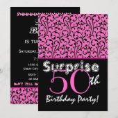 SUPPLISE 50th誕生日明るいピンク黒の渦巻き 招待状 (正面/裏面)