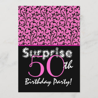 SUPPLISE 50th誕生日明るいピンク黒の渦巻き 招待状