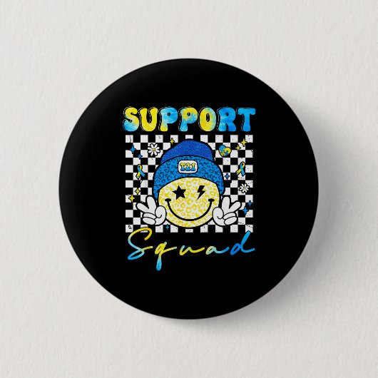Support Squad Groovy Down Syndrome Awareness Smile 缶バッジ (正面)