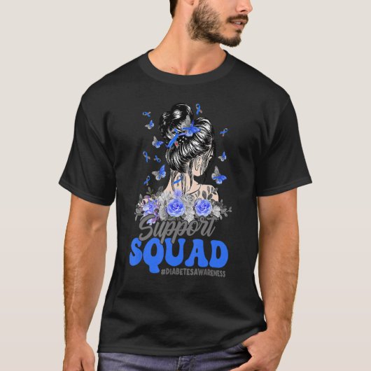Support Squad Messy Bun Butterfly Diabetes Awarene Tシャツ (正面)