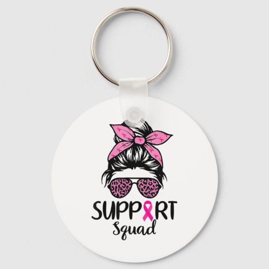 Support Squad Messy Bun Leopard Pink Breast Cancer キーホルダー (正面)