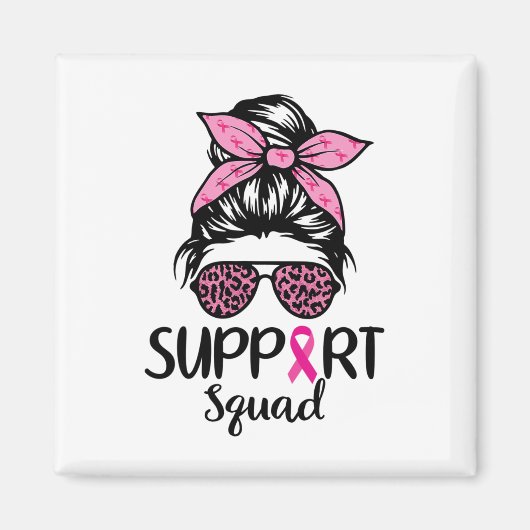 Support Squad Messy Bun Leopard Pink Breast Cancer マグネット (正面)