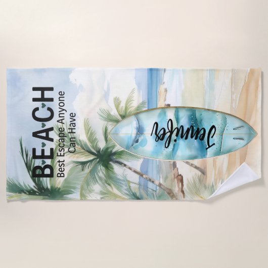 Surboard beach palm trees name quote ビーチタオル (正面)