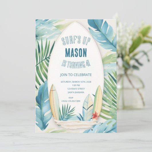 Surf Birthday Party Invitation in Blue 招待状 (スタンド正面)