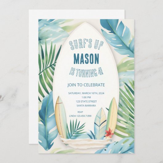 Surf Birthday Party Invitation in Blue 招待状 (正面/裏面)