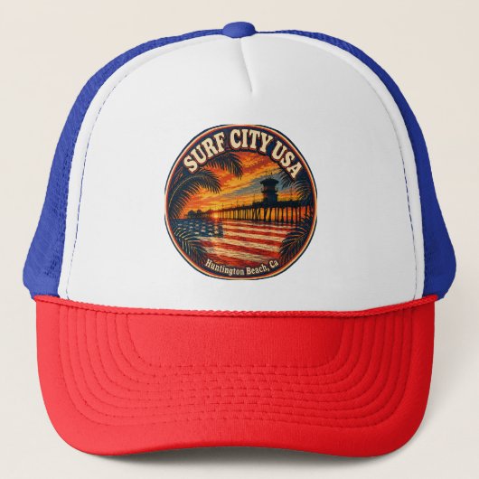 SURF CITY USA 夕焼けと旗 キャップ (正面)