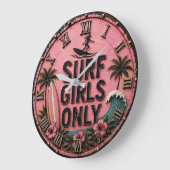 Surf Girls Only Beach Pink Coastal Surf House Deco ラージ壁時計 (傾斜)