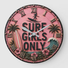 Surf Girls Only Beach Pink Coastal Surf House Deco ラージ壁時計