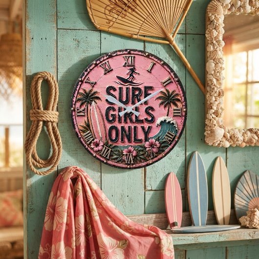 Surf Girls Only Beach Pink Coastal Surf House Deco ラージ壁時計