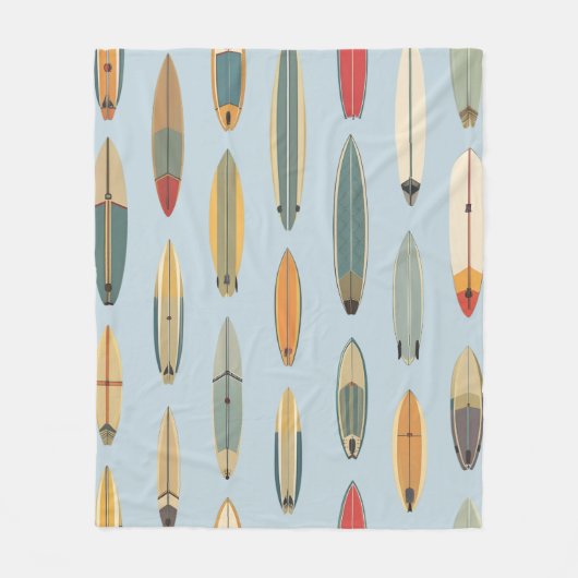 Surf Life - Retro Coastal Blue Surfboard Print フリースブランケット (正面)