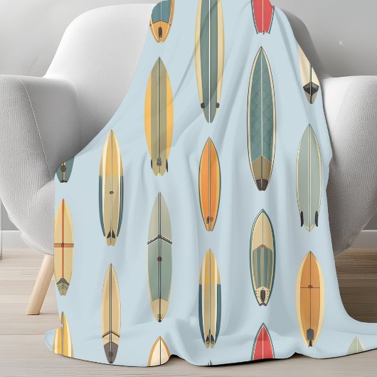 Surf Life - Retro Coastal Blue Surfboard Print フリースブランケット