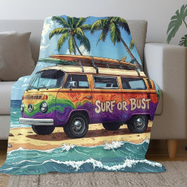 Surf Or Bust Groovy Retro Hippie Surfer Beach Bus フリースブランケット