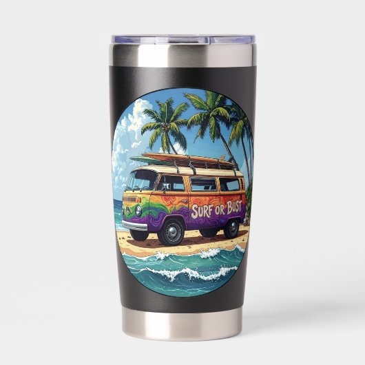 Surf Or Bust Groovy Retro Hippie Surfer Beach Bus 保温保冷タンブラー (正面)