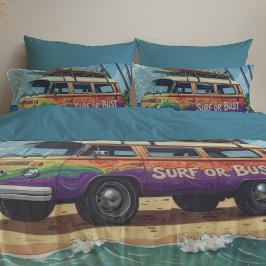 Surf Or Bust Groovy Retro Hippie Surfer Beach Bus 枕カバー