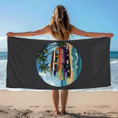 Surf Or Bust | Groovy Retro Hippie Surfer Bus ビーチタオル