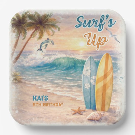 Surf’s Up Retro Beach Birthday Party  ペーパープレート (正面)