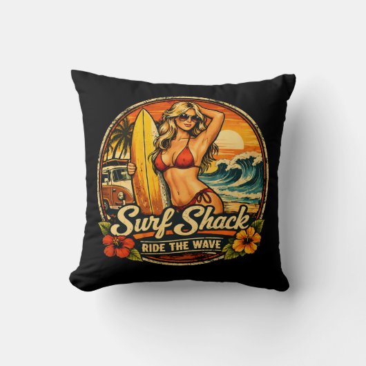 Surf Shack Surfer Pin-Up | Ride The Waves Beach クッション (正面)