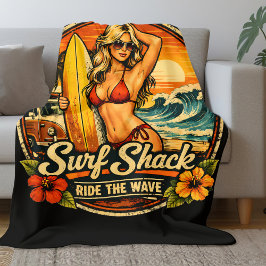 Surf Shack Surfer Pin-Up | Ride The Waves Beach フリースブランケット