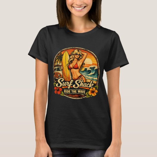 Surf Shack Surfer Pin-Up | Ride The Waves Beach Tシャツ (正面)