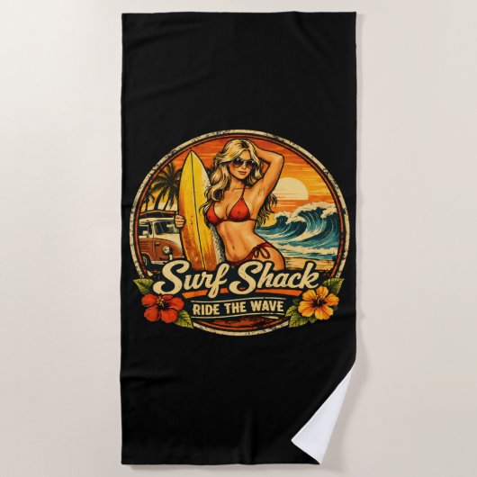 Surf Shack Surfer Pin-Up | Ride The Waves Surfing ビーチタオル (正面)